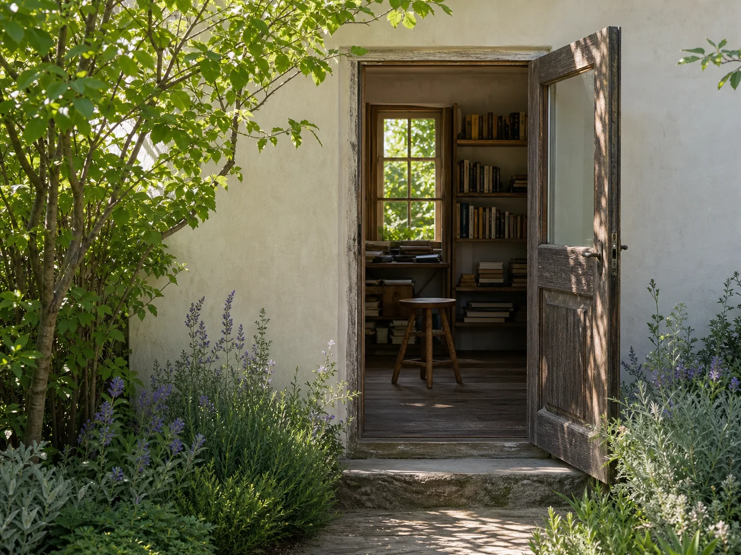 An open wooden door to a small garden study